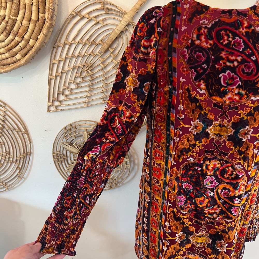 Anthropologie Red Burnout Velvet Paisley Lace Up Mini Dress Dark Academia 0 - Picture 5 of 13